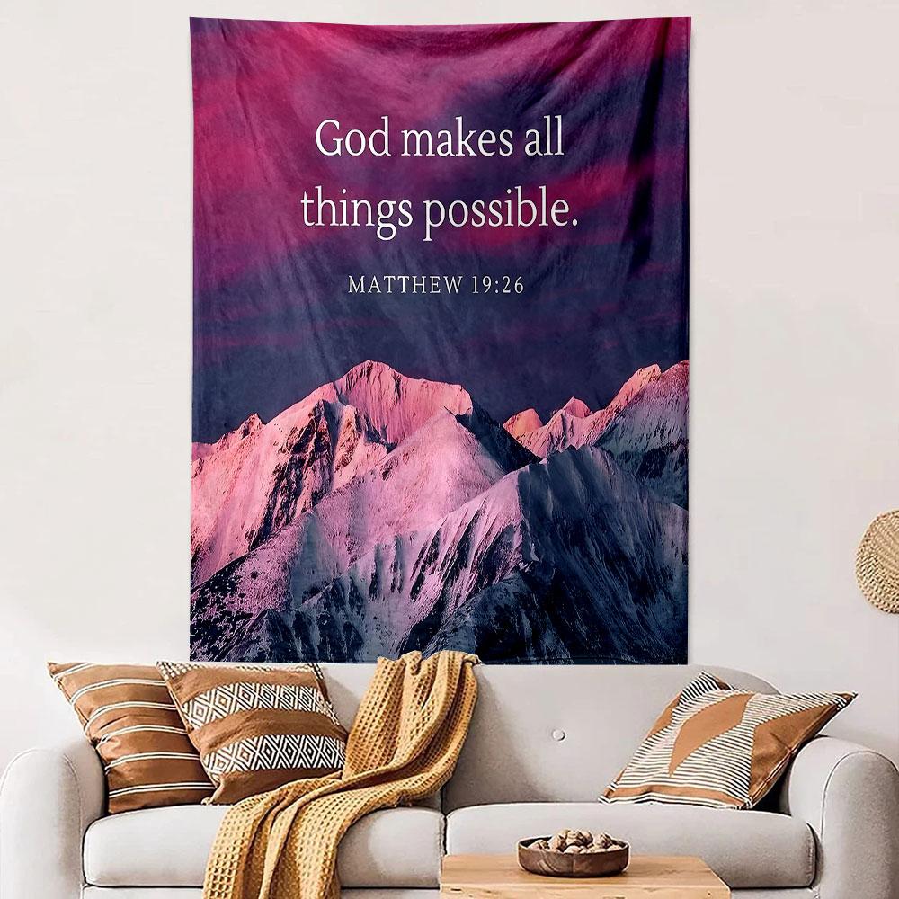 "God Makes All Things Possible - Matthew 19:26" Patterned tapestry home decor, suitable for bedroom and living room, gift