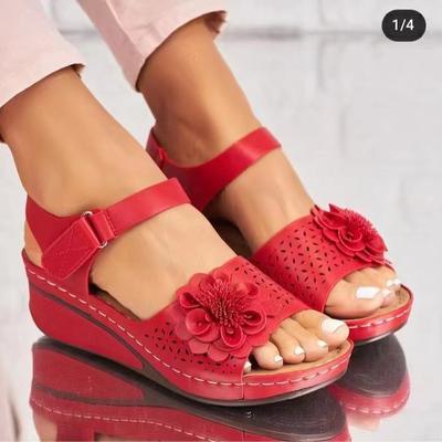 Sandals Women Hollow Out Floral Pattern Ankle Strap Wedge Thick Sole Floral Sandals Non Slip Lightweight Shoes Footwear