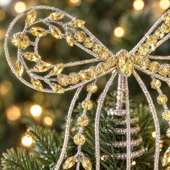 Indoor Festive Window Ornament Iron Bow Christmas Tree Topper, Gold Rhinestone Hollow-Cut Metal Light Luxury Holiday Party Decor with Spiral