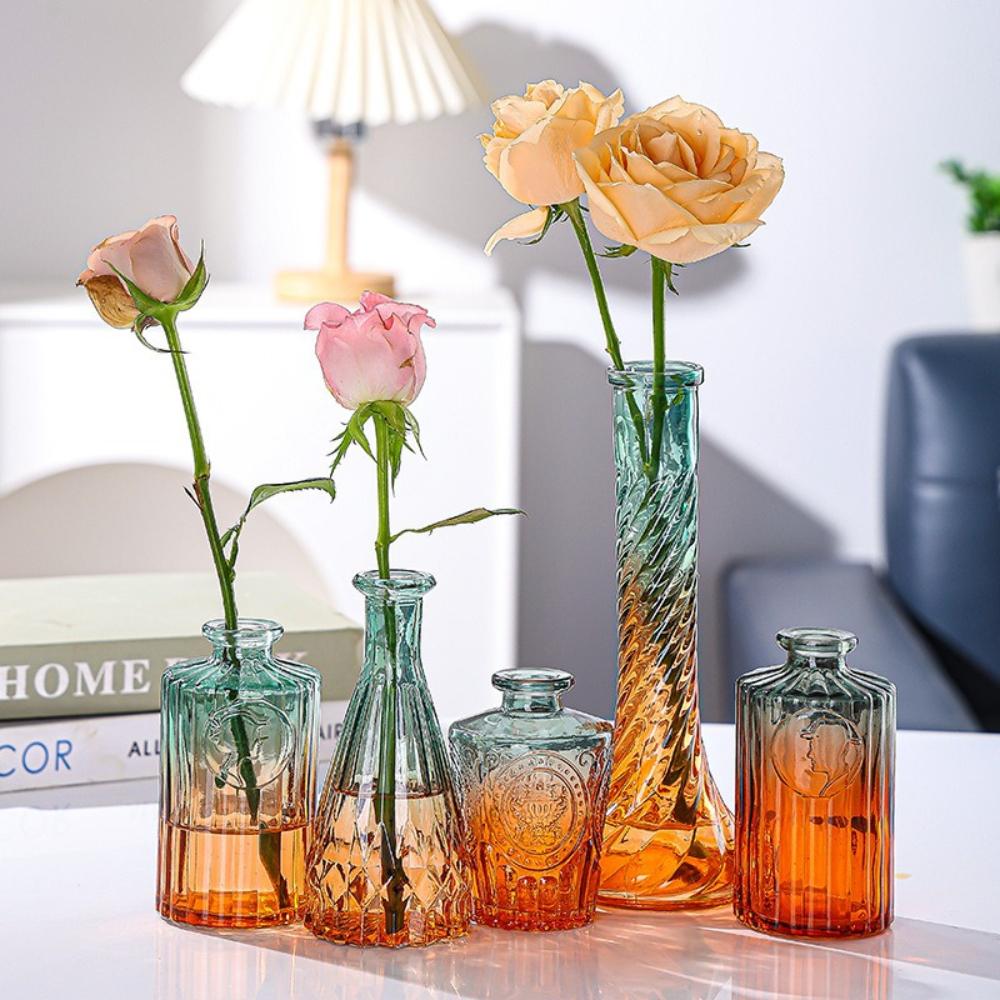 6Pcs Transparent Colored Glass Vase Hydroponic Plant Flower Bottle Nordic Style Living Room Home Office Desktop Decoration