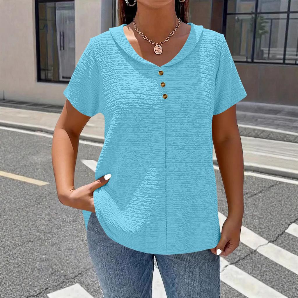 Women’s Short Sleeve Blouse with V Neck and Decorative Buttons Loose Fit Casual Top for Daily Wear