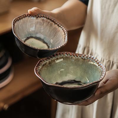 Retro Kiln-Changed Bead Edge Ceramic Bowl, Special-Shaped Bowl, High-Value Tableware Bowl, Household Salad Bowl, Noodle Bowl, Vegetable Bowl
