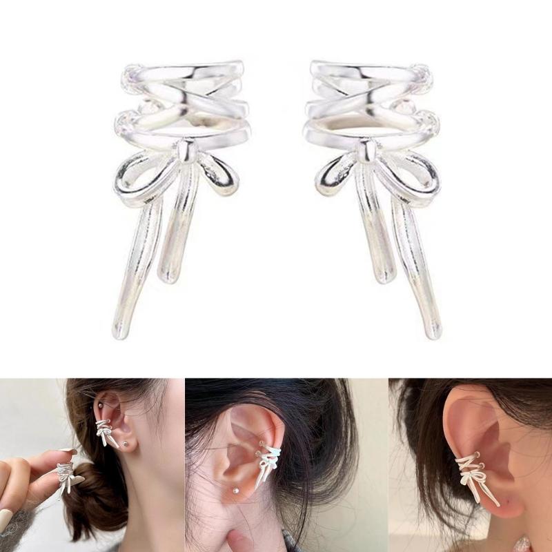 Exquisite Bowknot Ear Cuffs Clip Earrings for Women Fashion Nonpiercing Ear Jewelry Metal Material Ear Clip for Daily