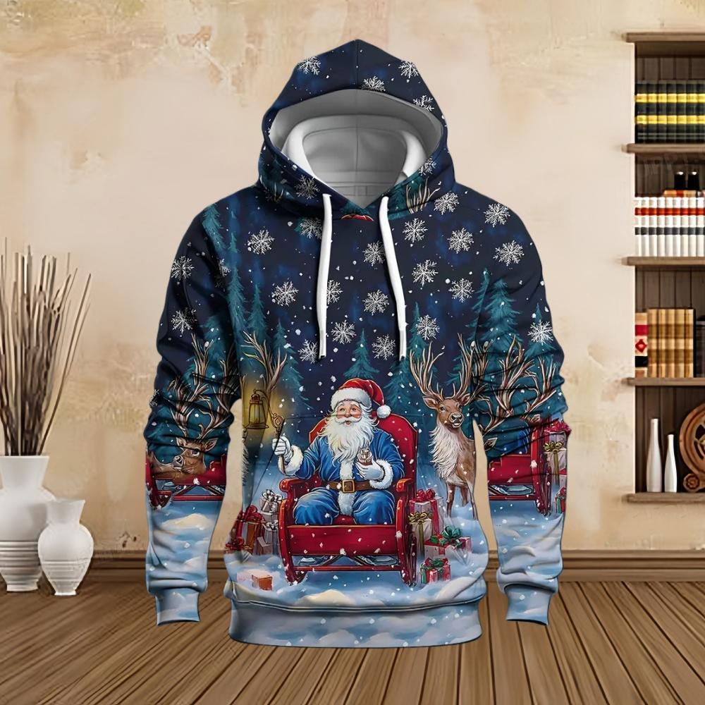 New in Sweatshirts Christmas Santa with Snowman Graphic Print Men's Cozy Drawstring Long Sleeve Pullover Sweatshirt Hoodie Tops