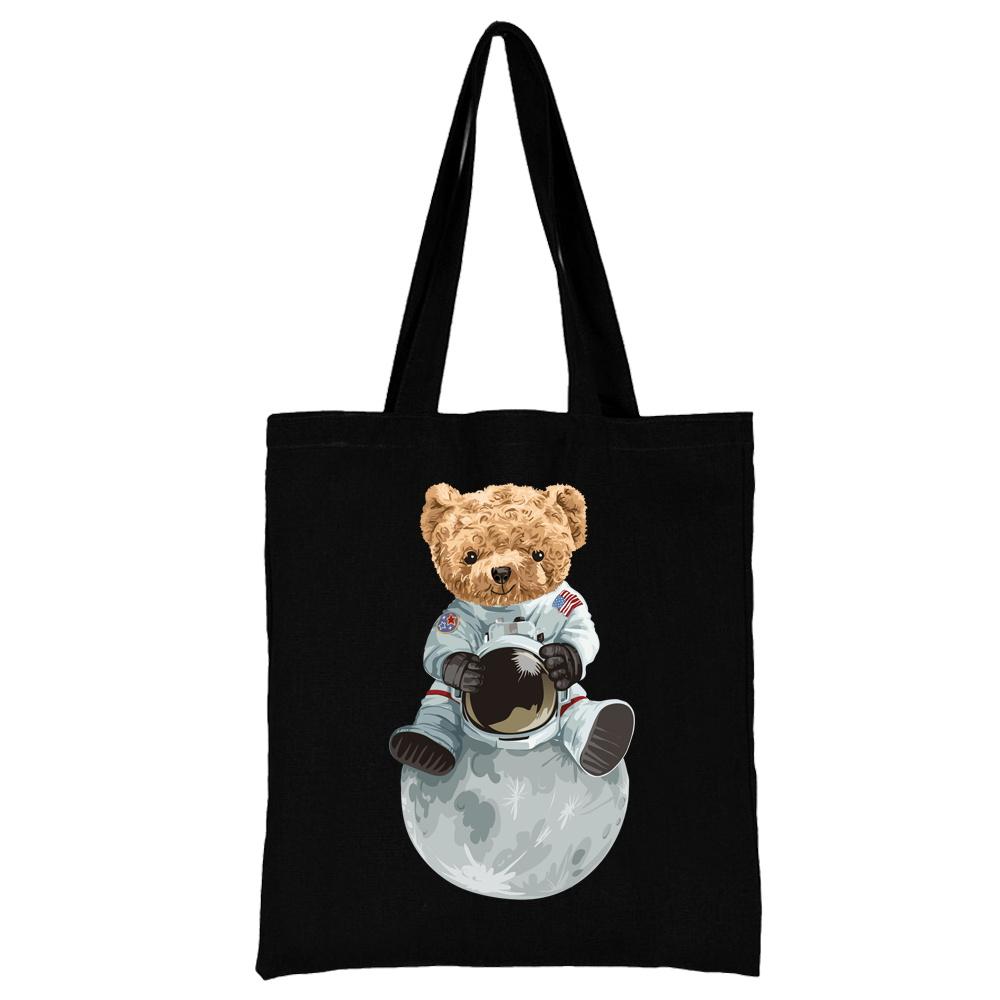 Summer New Teddy Bear Series Canvas Tote Bag Harajuku Style Black Printing High Capacity Shoulder Bag Fashion Shopping Bags