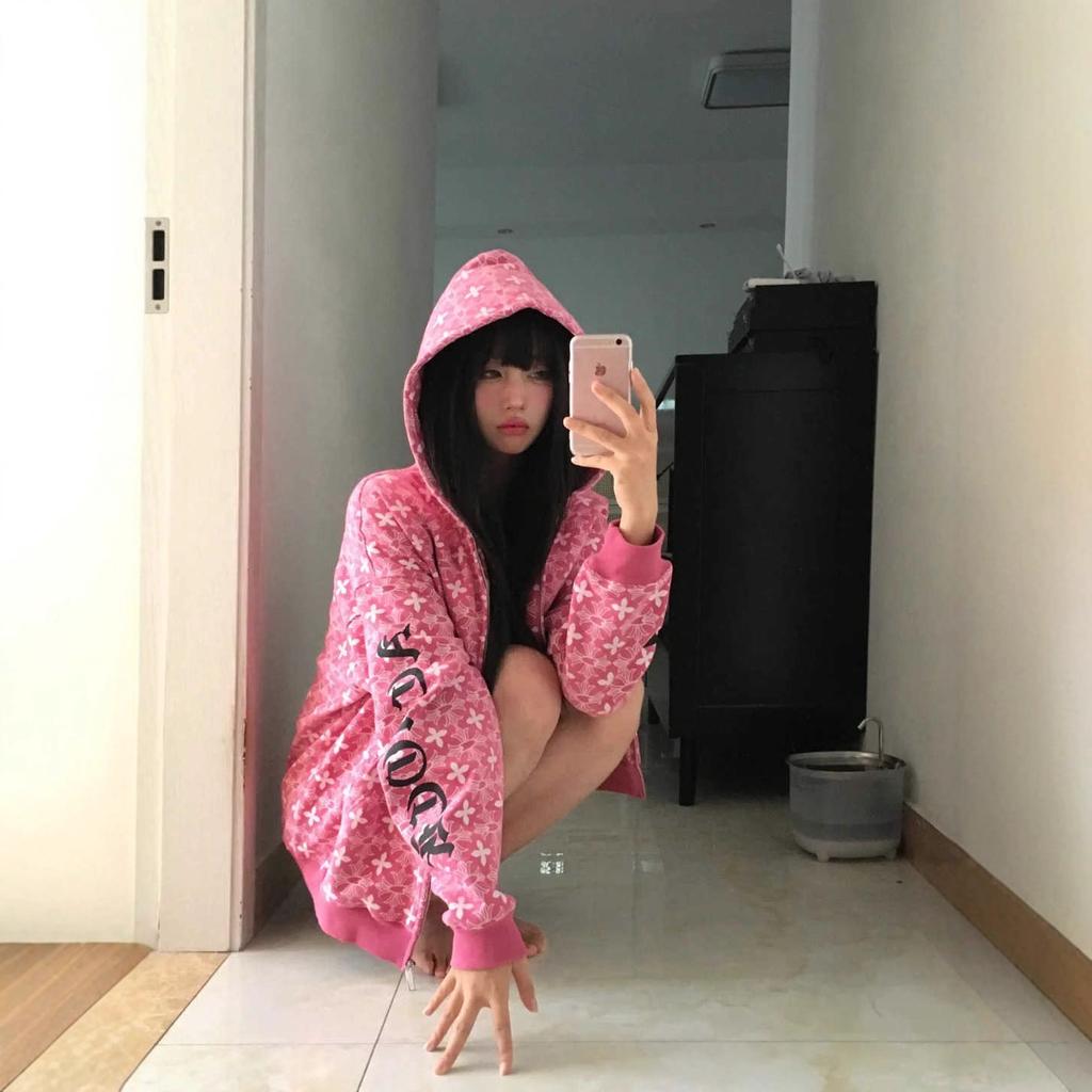 American Retro High Street Gothic Letter Hooded Sweater Women's 2025 New Loose Zipper Cardigan Jacket