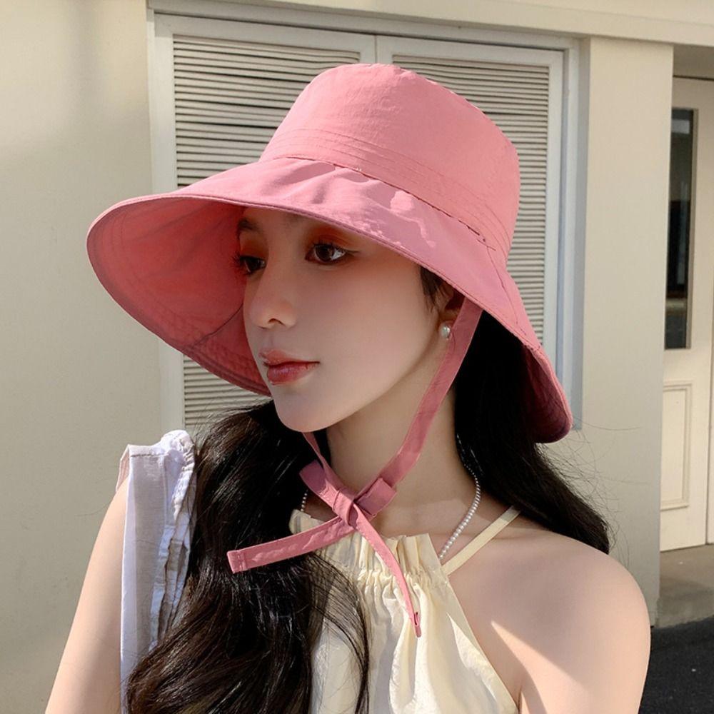Solid Color Summer Sun Hat Lace Up Bucket Hat Fashion Sunshade Hat  Travel
