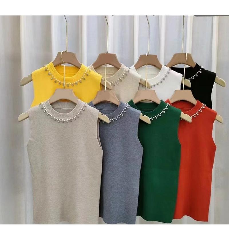 Fashion Knitted Sleeveless Bottoming Shirt Women's Inner Sling Vest Summer Elegant Solid Color Bead New Basic Tank Tops Casual Simple Blouse Clothing