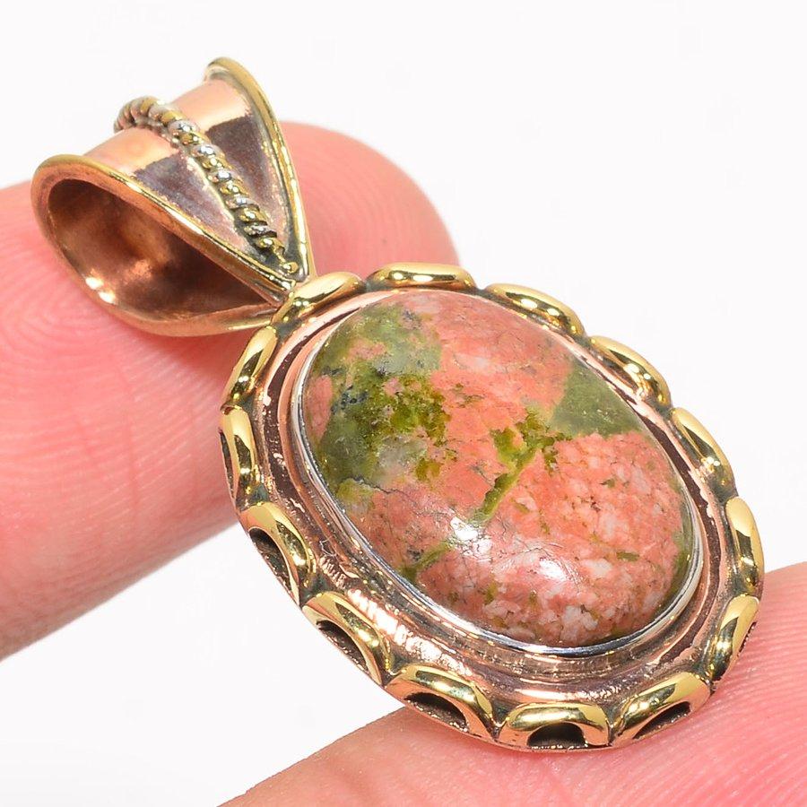 Natural Unakite Gemstone Two Tone 925 Solid Sterling Silver Pendant 1.50'' v9Q45