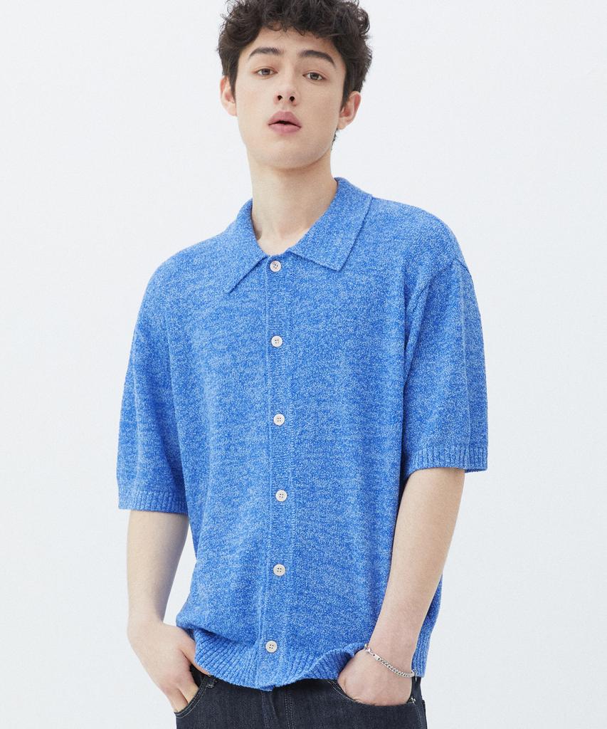 TRILLION Washable Boucle Collar Short Sleeve Knit (Melange Blue)