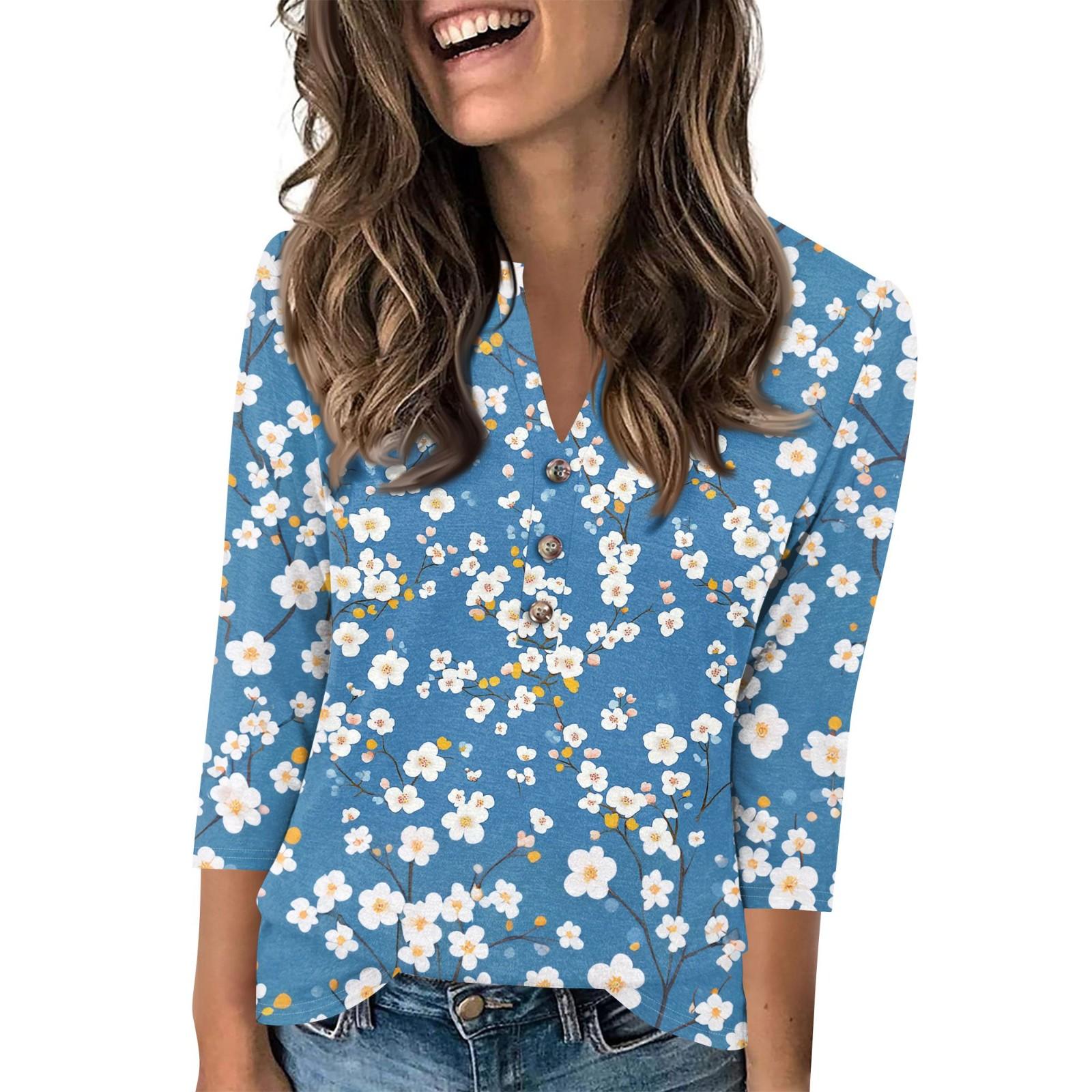 

Жіночий Модний Повсякденний Пуловер з V-подібним Вирізом, Рукавом 3/4 та Принтом на Ґудзиках XL небо синє кольору