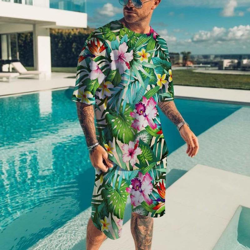 Hawaïaanse Herenset Casual T-shirt Strandbroek Pak Dagelijks Stijlvol Heren Top met Korte Mouwen Outdoor Vakantie Heren T-shirts Korte Tweedelige Set