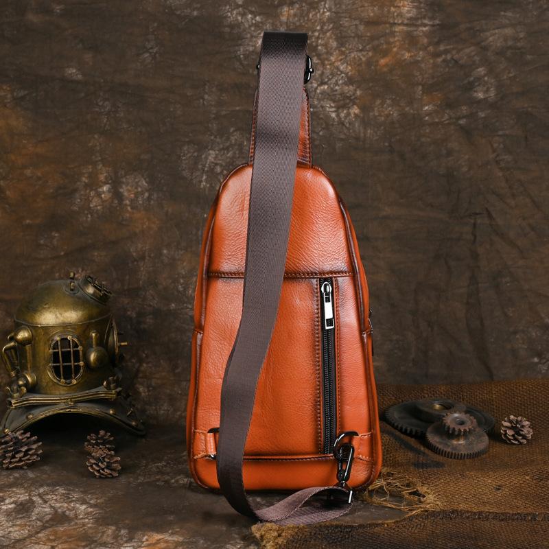 Leather Chest Bag, Men's Retro Backpack, Crossbody Bag, Top Layer Cowhide Casual Sports Shoulder Bag