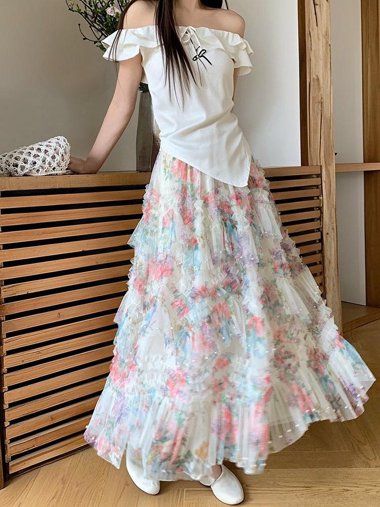 Tüllrock mit Perlen und Blumendruck und unregelmäßigem Saum - Damen Netz-Puffrock