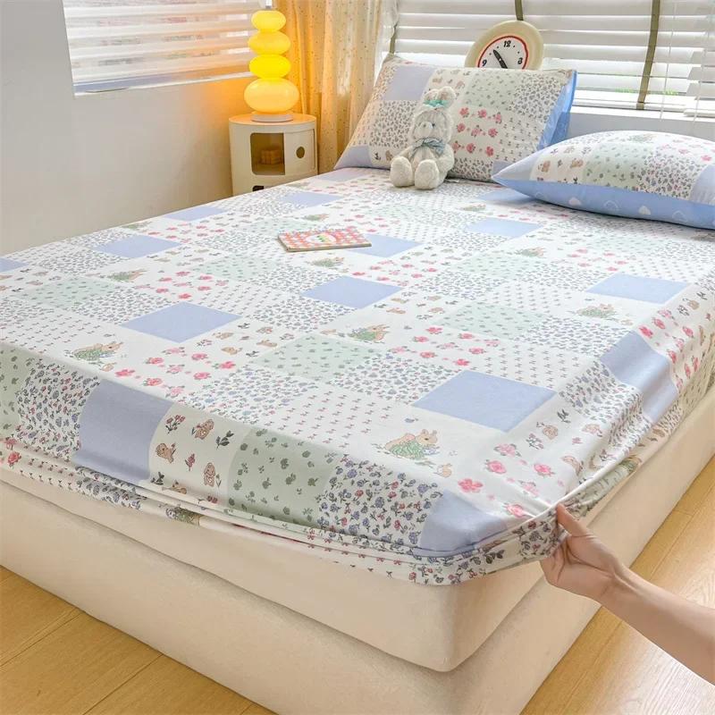 Kawaii Bear and Rabbits Printed Fitted Sheet Set Pure Cotton Cartoon Animals Mattress Cover for Kids Boys Girls Bedroom Decor