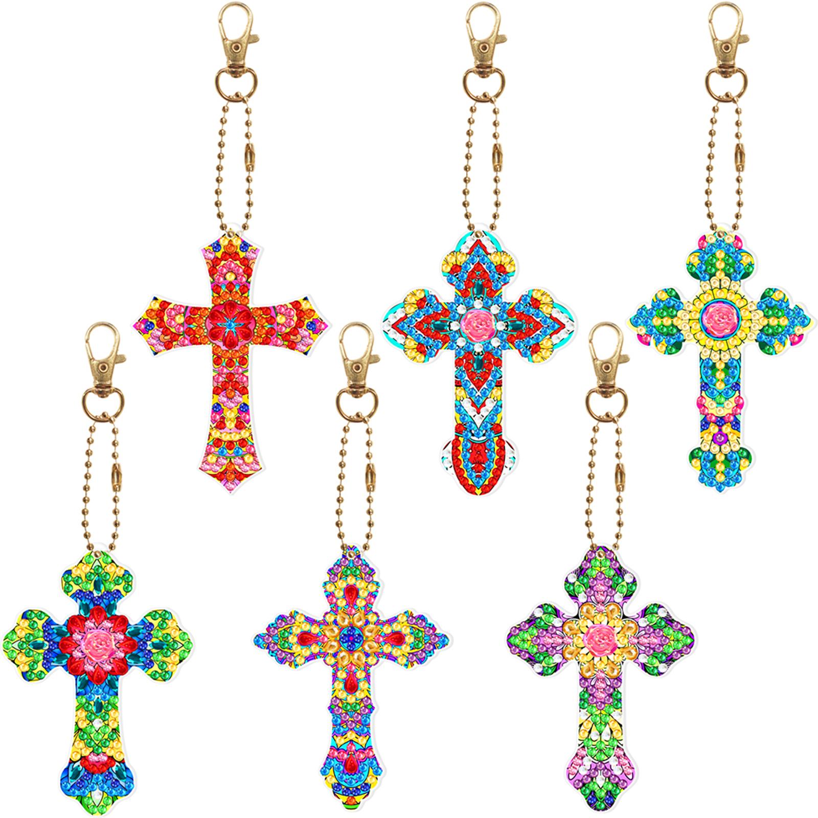 

6pcs Cross Diamond Art Keychains Diamond Mosaic Kit DIY Gem Keychains Rhinestone Pendant Double Sided Christmas Decoration Gift