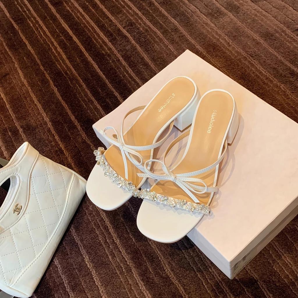 Sheepskin~ version burst beauty sparkling rhinestone slippers women's summer wear bow 5.5cm thick heel cool slippers