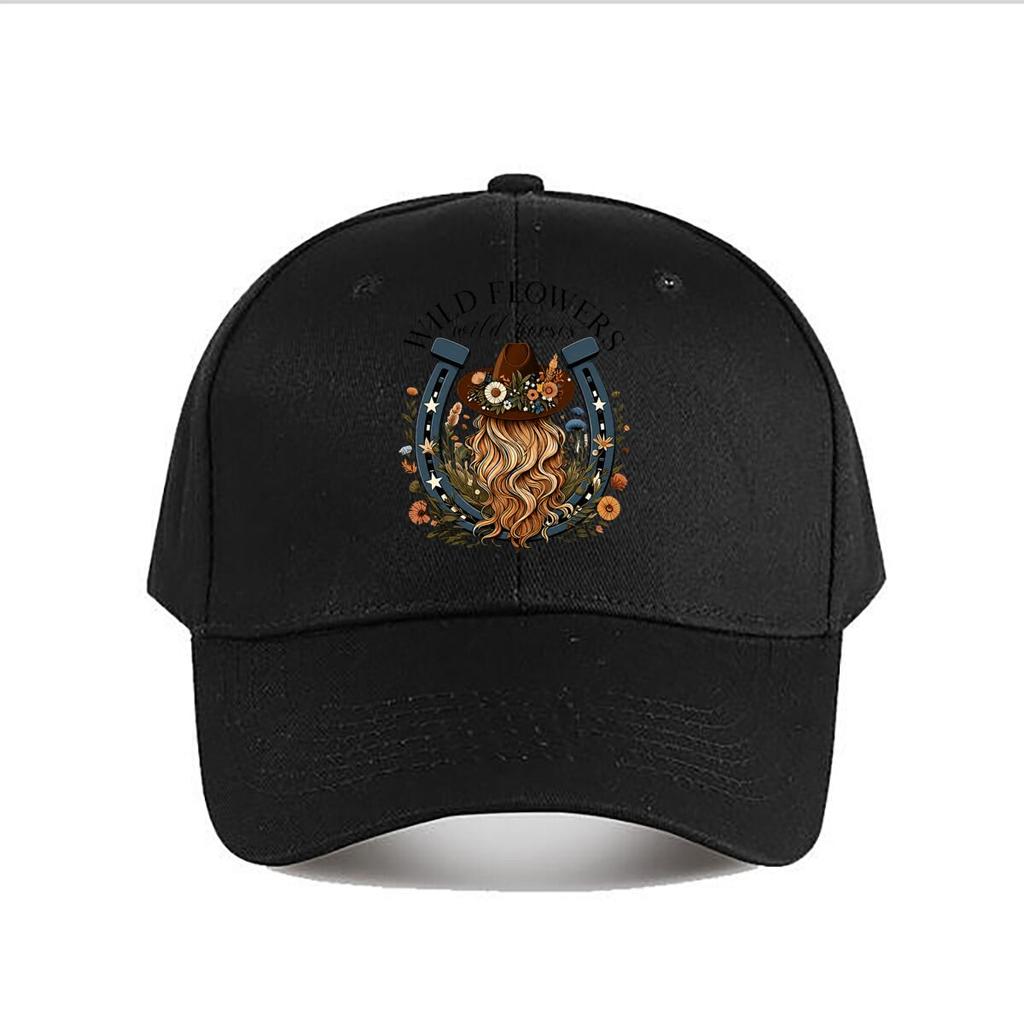 Country Western Floral Horseshoe Cowboy Hat Long Hair Graphic Baseball Cap Fashion Unisex Sunhat Womens Outdoor Sports
