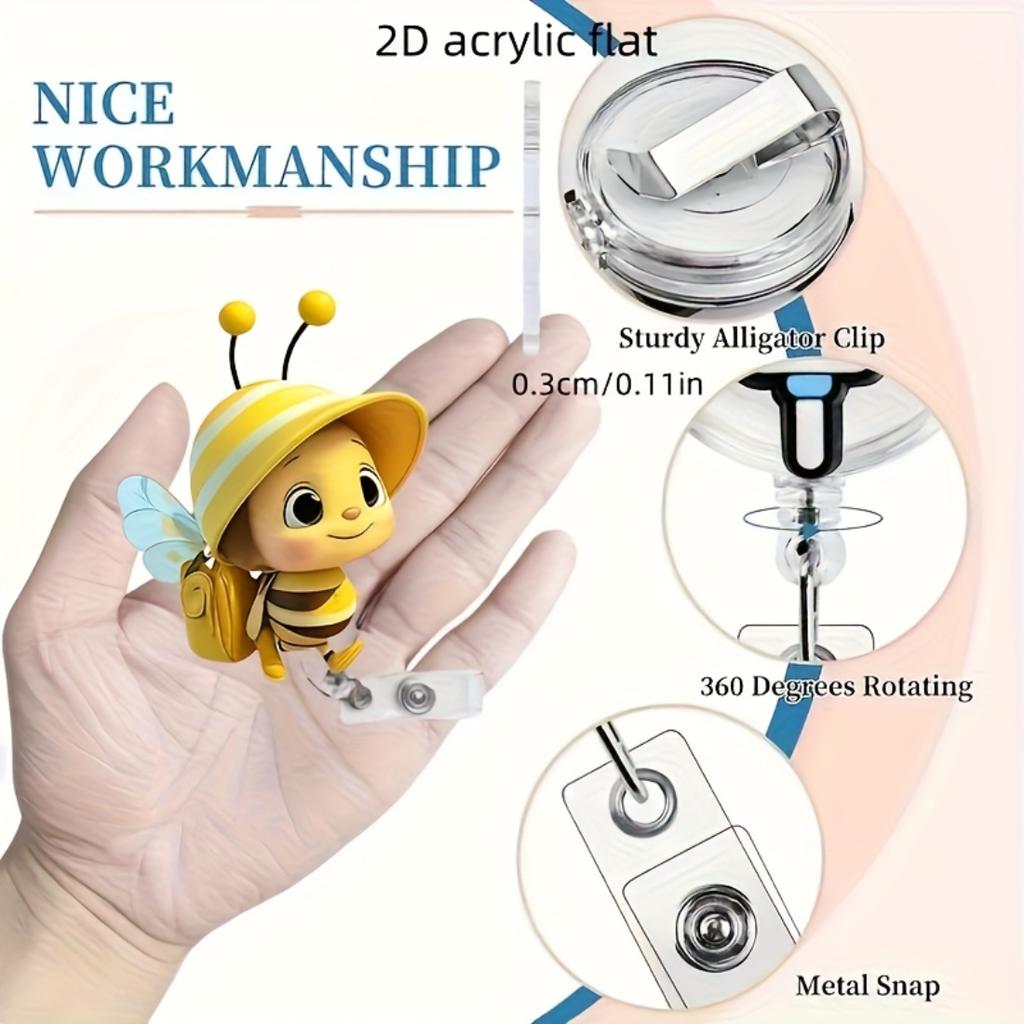 2D Flat Acrylic Cute Bee Backpack Retractable Badge Reel Clip, Durable ID Holder For Registered Doctors Student Nurses Clinical Workplace Staff