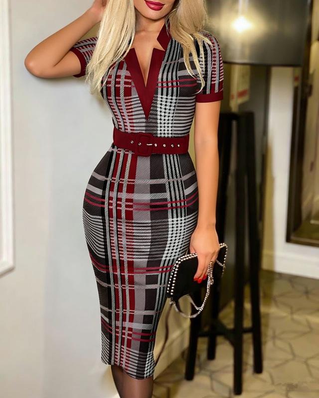 women's Plaid Print V Neck Long Sleeve Bodycon Midi Dress Slim Fitted Pencil Dress With Matching Belt