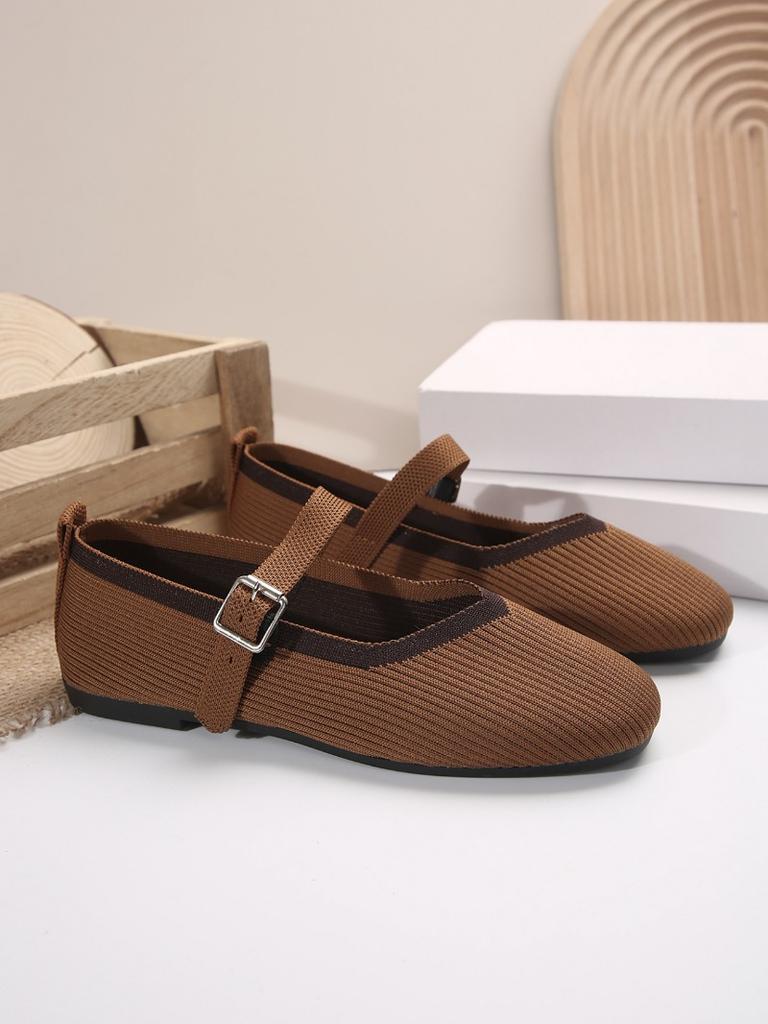 Fashion Four Seasons Women's Shoes Simple Fabric Flat Shoe Buckle Strap Square Toe Shallow Mouth Knitted Fabric Women's Casual Shoes
