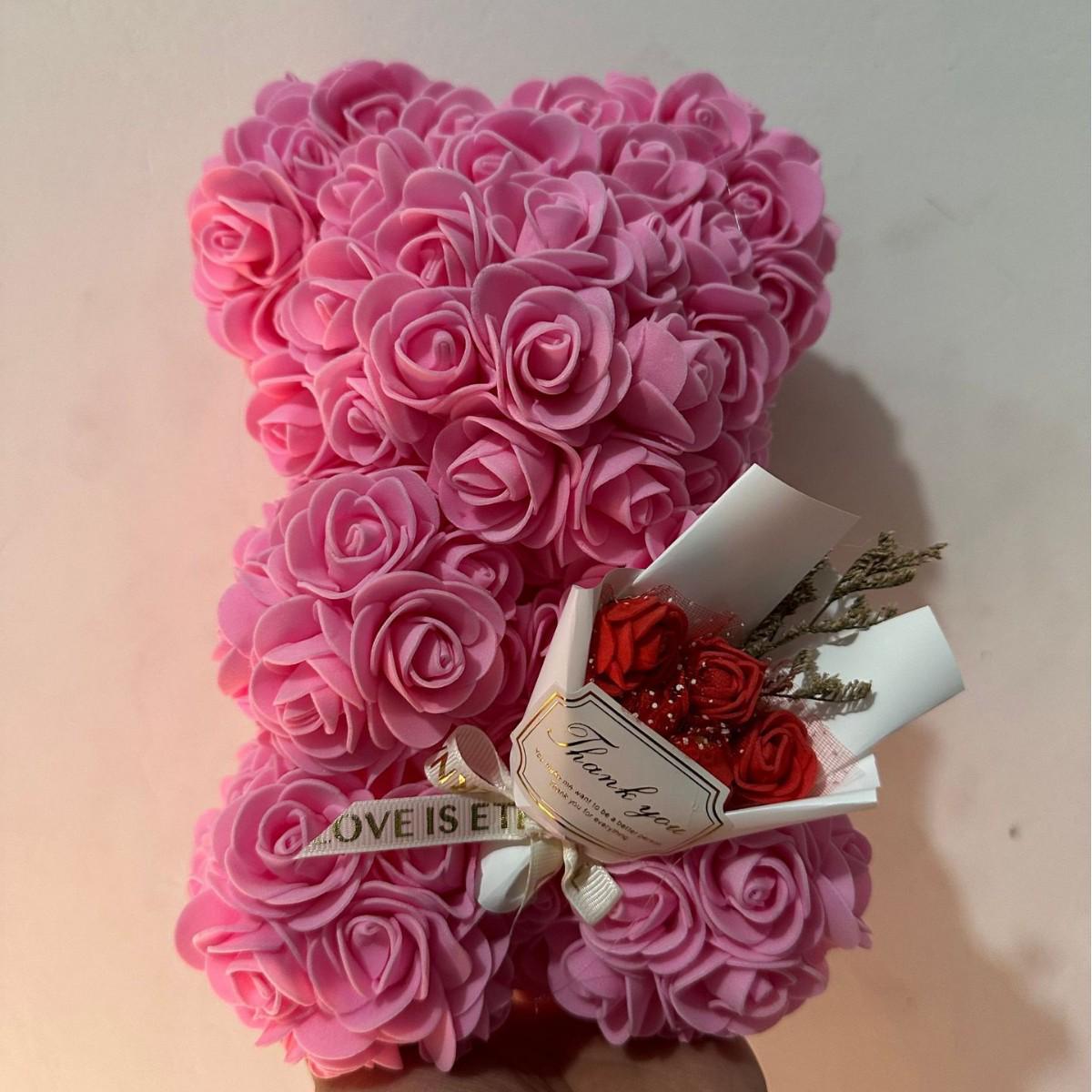 Handgefertigter Rosenbär mit Strauß - 25cm Schaumstoffbär Geschenk für das Qixi-Fest & Geburtstage Bare Bear with OPPO Bag rosa
