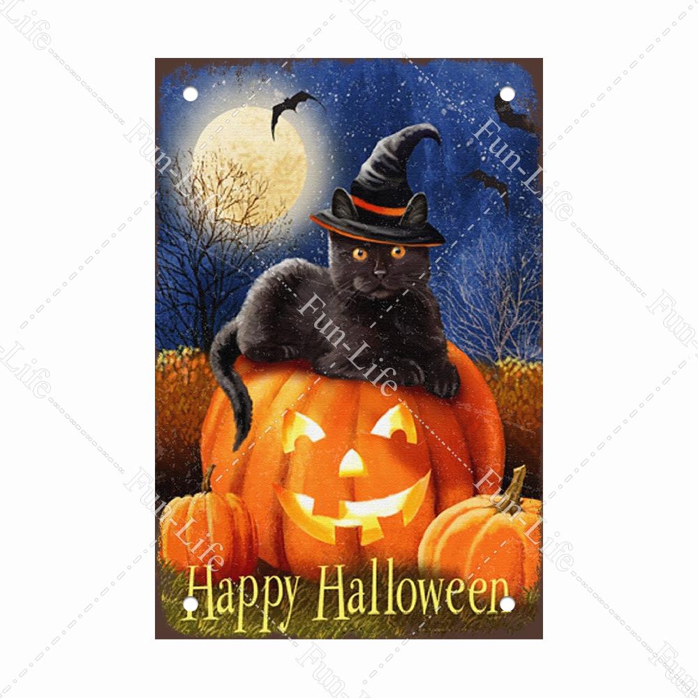 Black Cat Happy Halloween Vintage Metal Signs Halloween Party Poster Pumpkin Metal Tin Plaque Bar Pub Cafe Wall Home Decor