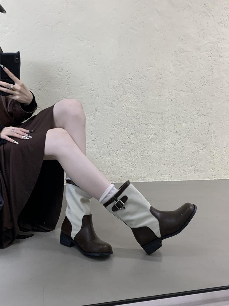 British Retro Western Cowboy Boots Women's New Color Matching Outer Wear Medium Boots Knight Martin Boots