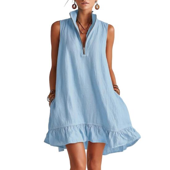 Women s Sleeveless Mini Dress Half Zipper Stand Collar Ruffle A-line 3XL небесно-голубой