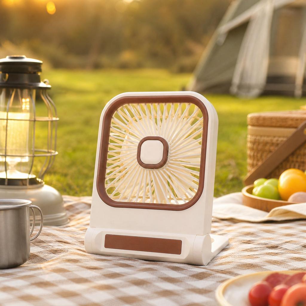 Square Desktop USB Rechargeable Fan with Three Speed Settings Portable Table Fan for Indoor Outdoor Camping and Wall Mount Use