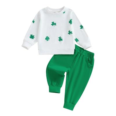 Toddler Girls Autumn Pants Sets Long Sleeve Four Leaf Clover Print Sweatshirt Green Casual Pants Sets