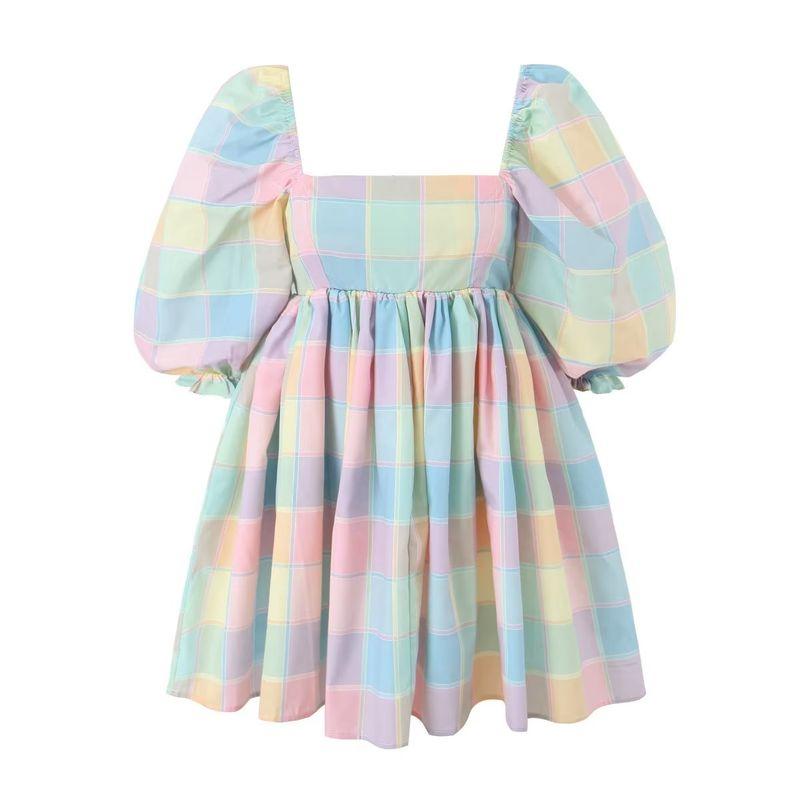 

Age-Reducing Colorful Square Collar Princess Pettiskirt Dress Colorful colorful grid(High quality) S