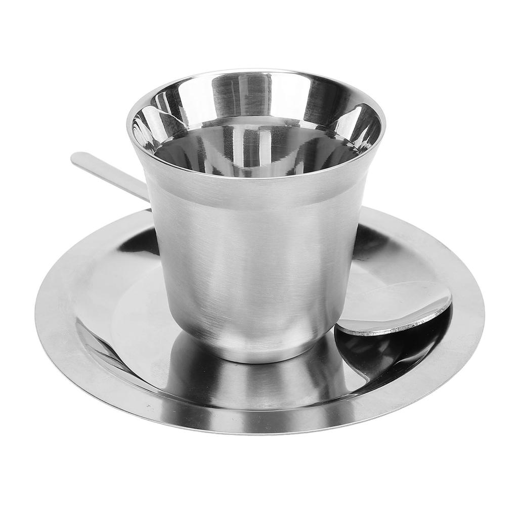 Coffee Cup Set with Saucer Spoon 80ml Double Wall Insulated 304 Stainless Steel Demitasse Cup for Te