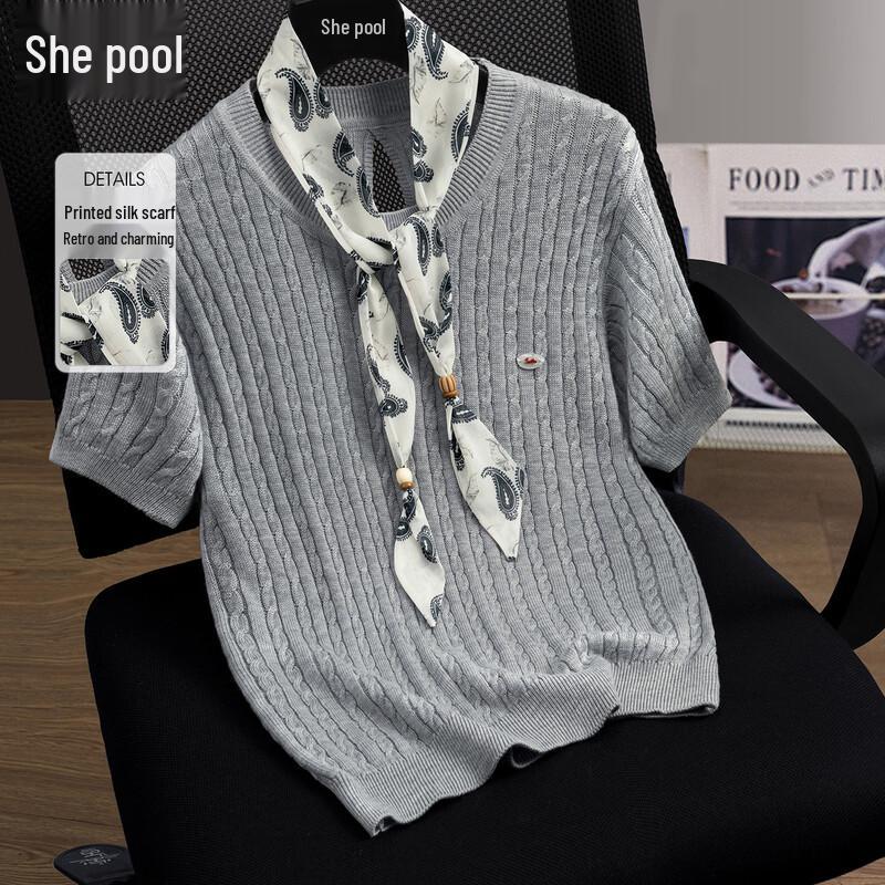 Women s Ice Silk Wool Blend Cable Knit Short Sleeve Top M