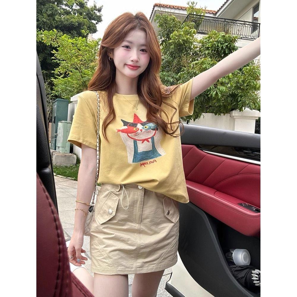 Women's Round Neck Cotton T-shirt Vintage Cartoon Print Short Sleeve Casual Summer Basic Top
