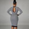 Houndstooth Print Dame Langermet Midi Dress Hollow Out Bodycon Sexy Streetwear Autumn Winter Club Elegant Slank