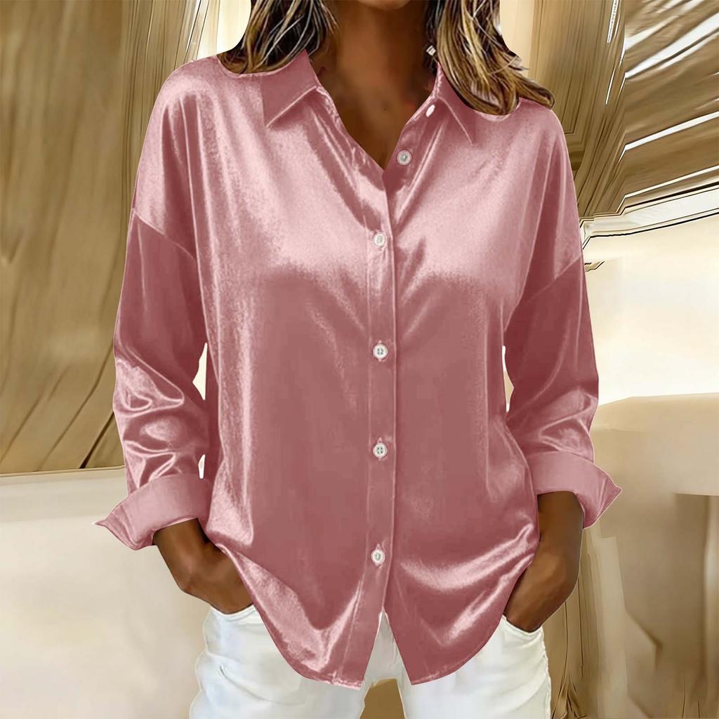 Saténové halenky pro ženy Hedvábné košile na knoflíky Dlouhý rukáv Business Casual topy