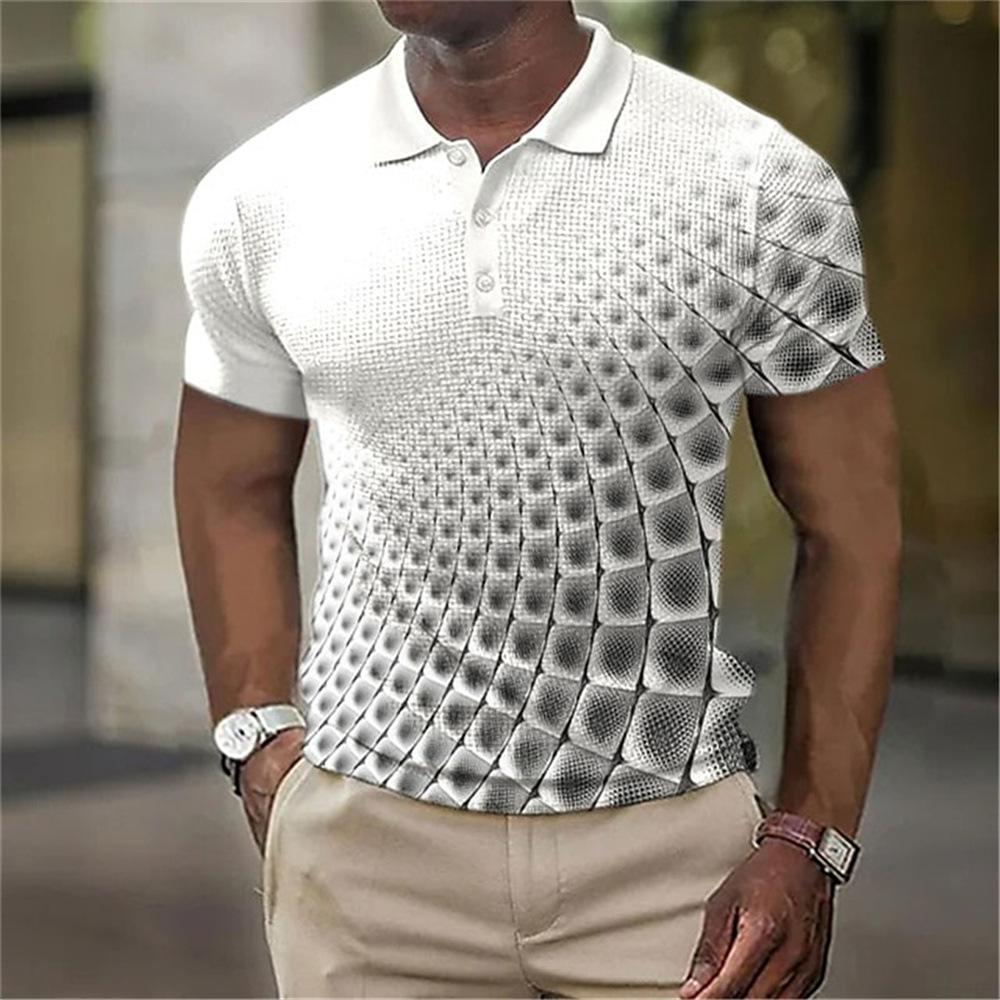 Men'S Simple Plaid 3D Digital Printing Business Casual Short-Sleeved Lapel Polo Shirt