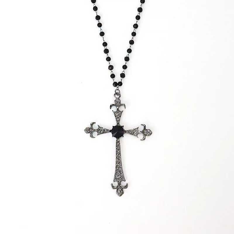 Vintage dark cross beaded necklace niche long subculture hot girl high-end sweater chain necklace accessories