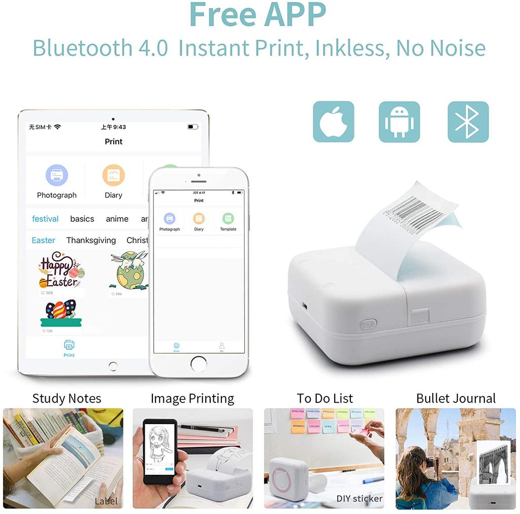 Bluetooth Connect 200dpi Tintenloser Aufkleberdrucker Fotoetiketten-Memo Tragbarer Handdrucker Mini-Mini-Mobildrucker