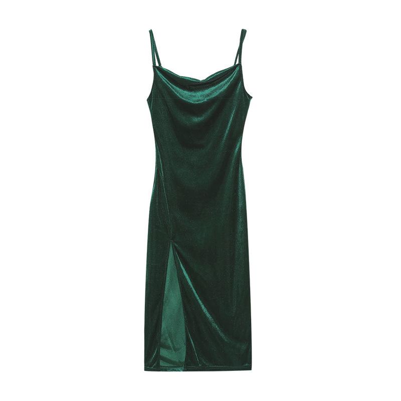 Women's Spring Summer Sexy Velvet Spaghetti Strap Maxi Dress, Slim Fit High Slit Cowl Neck Evening Party Formal Cocktail Gown