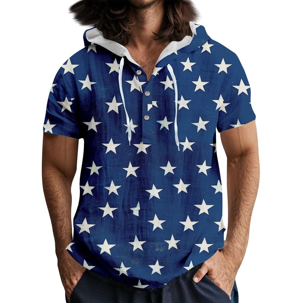 Pánské ležérní tričko s krátkým rukávem a kapucí, s rozhalenkou na knoflíky