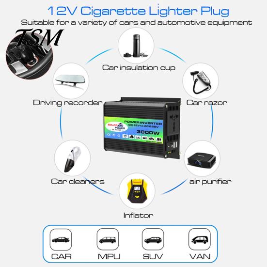 Car Inverter 1 Set Power 3000W Peak Solar Fast Charging Dual USB Ports Auto Equipment Intelligent Transformer Universal DC 12V to AC 220V/110V