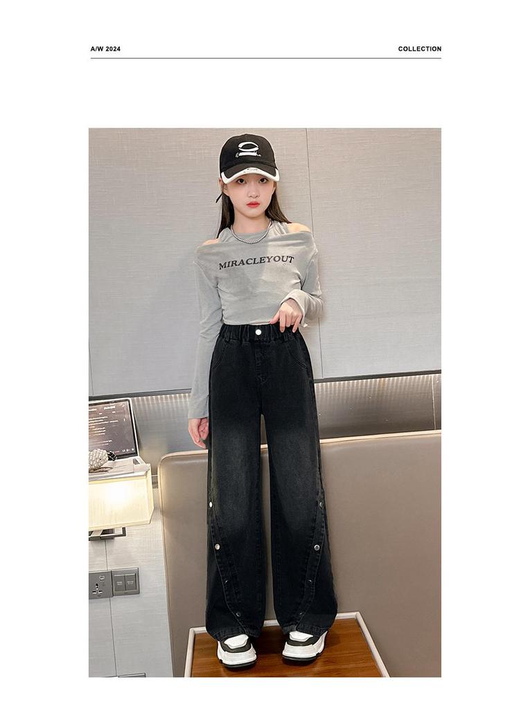 Girls' Wide-Leg Denim Pants, Loose Fit Casual Trousers for Spring and Autumn 2025