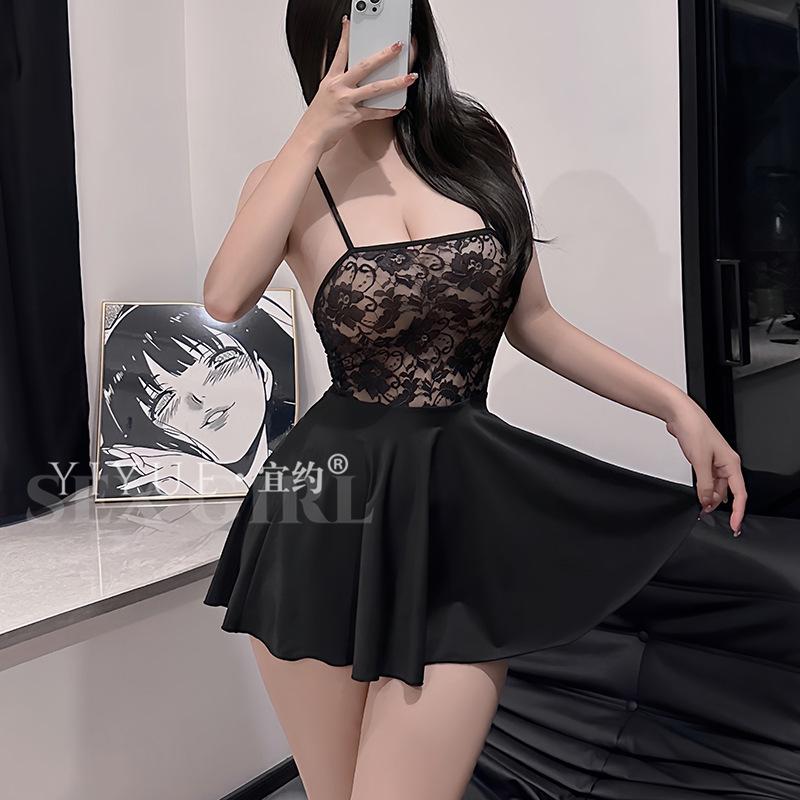 Yiyue's New Erotic Lingerie, Sexy Lace Seductive Nightgown, Hot Nightclub See-through Pajamas, No-take Uniform 8866
