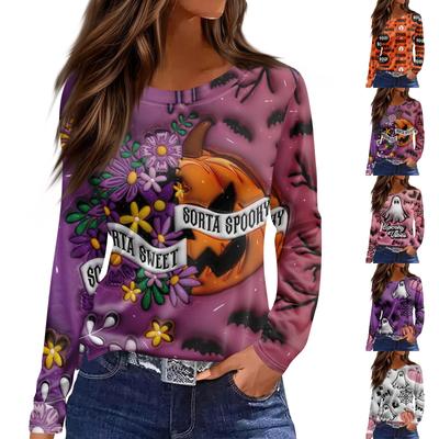 Mode Femme Fente à l'Ourlet Décontracté Halloween Imprimé Col Rond Manches Longues Haut