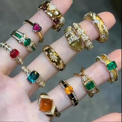Vintage Chinese Antique Jewelry Glazed Ring French Retro Gold-Plated Snake Full Of Diamonds Antique Colored Treasure Ring Female
