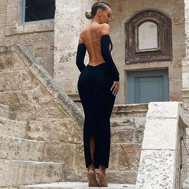 Jesienna sukienka z długim rękawem i bez ramiączek w jednolitym kolorze, seksowna sukienka typu halter slim