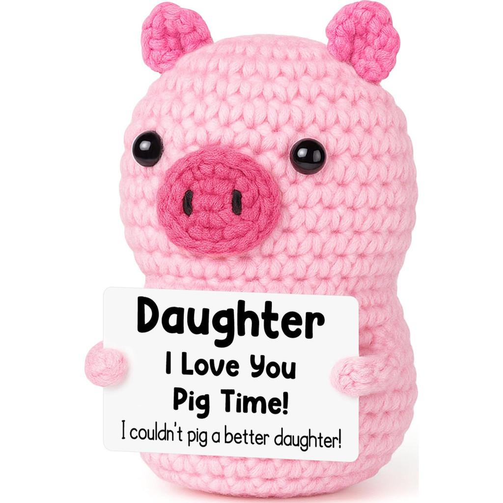 Pink Cute Pig Positive Crochet Animals Doll With Card Desktop Ornament Emotional Support Handmade Knitted Cheer Up Toy
