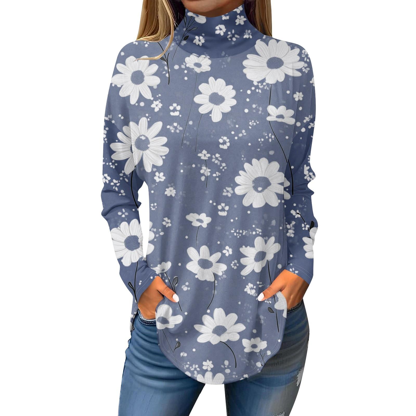 

Футболки для женщин, осенние повседневные рубашки с длинными рукавами, толстовка с винтажным принтом, топ с высоким воротом, пуловер L